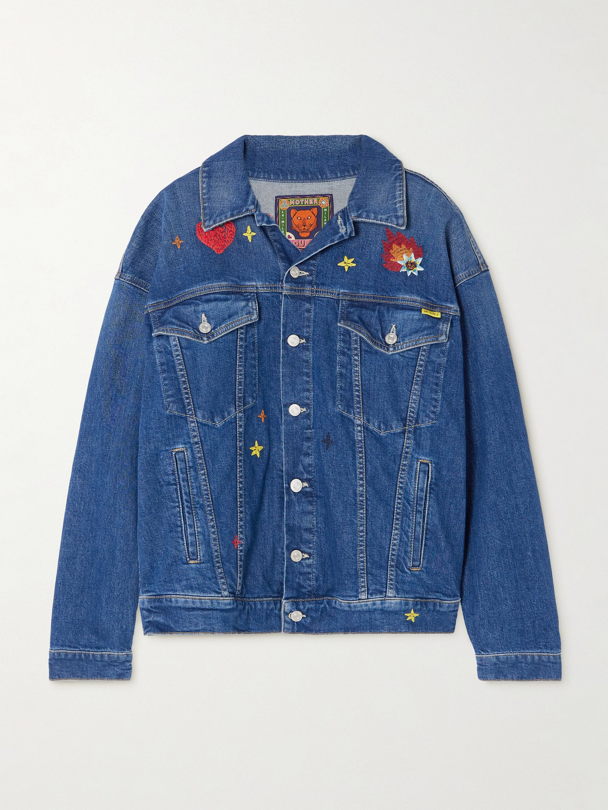MOTHER + LA DOUBLEJ THE DROP IT DRIFTER EMBROIDERED DENIM JACKET