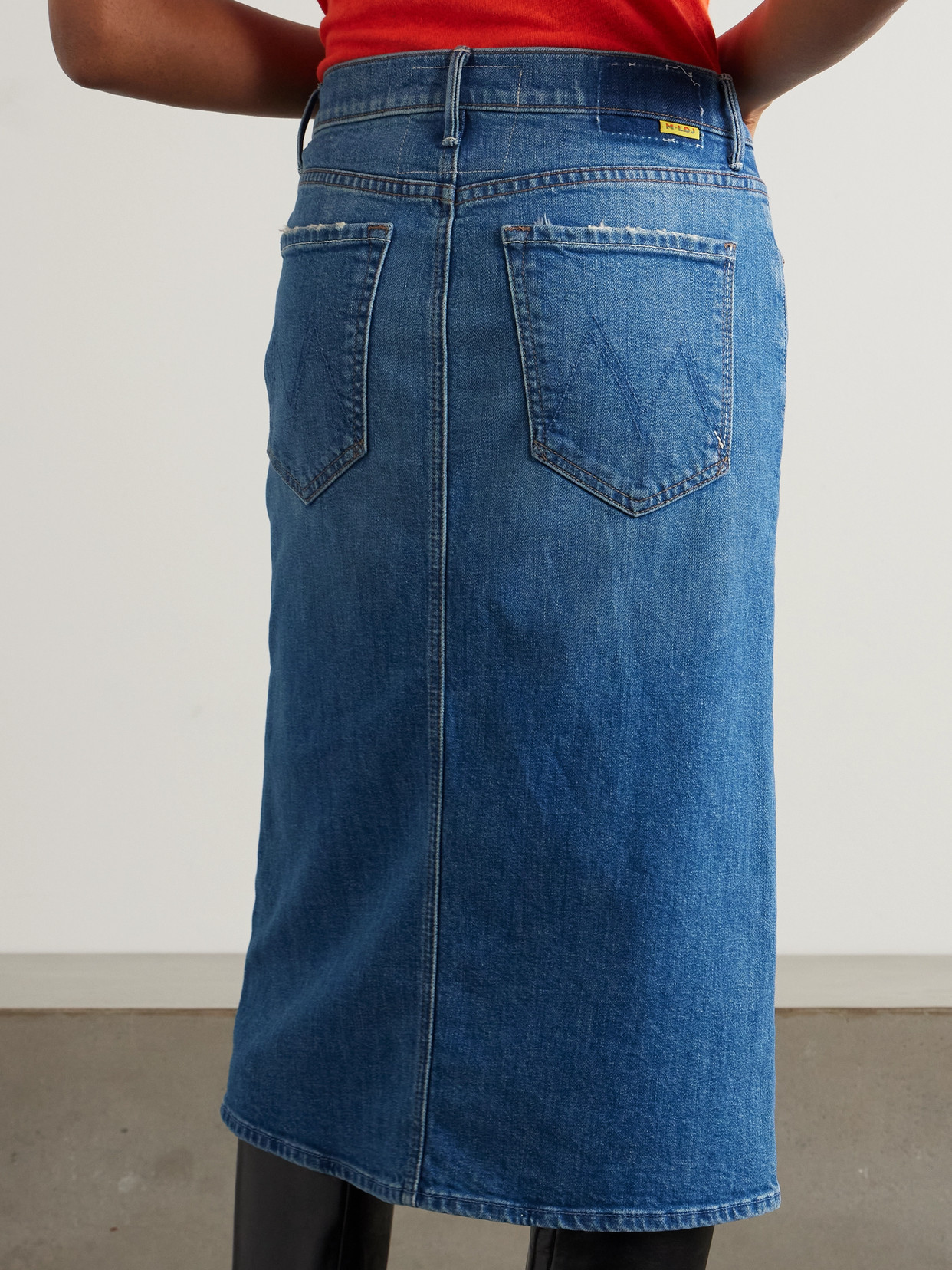 MOTHER + LA DOUBLEJ THE BUTTON VAGABOND EMBROIDERED DENIM MIDI SKIRT