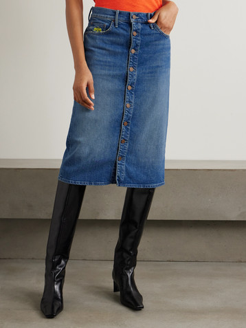 MOTHER + La DoubleJ The Button Vagabond embroidered denim midi skirt