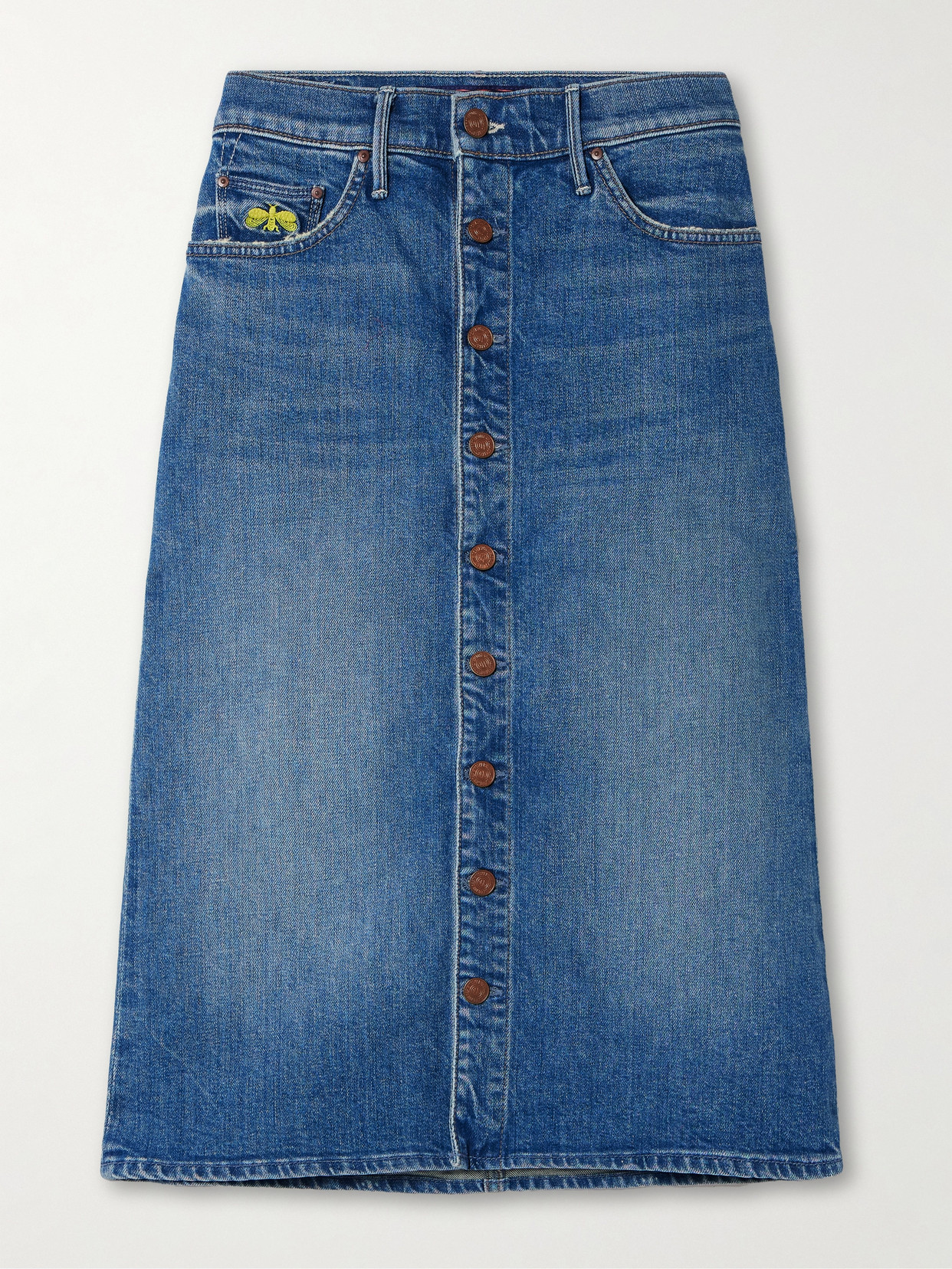 MOTHER + LA DOUBLEJ THE BUTTON VAGABOND EMBROIDERED DENIM MIDI SKIRT