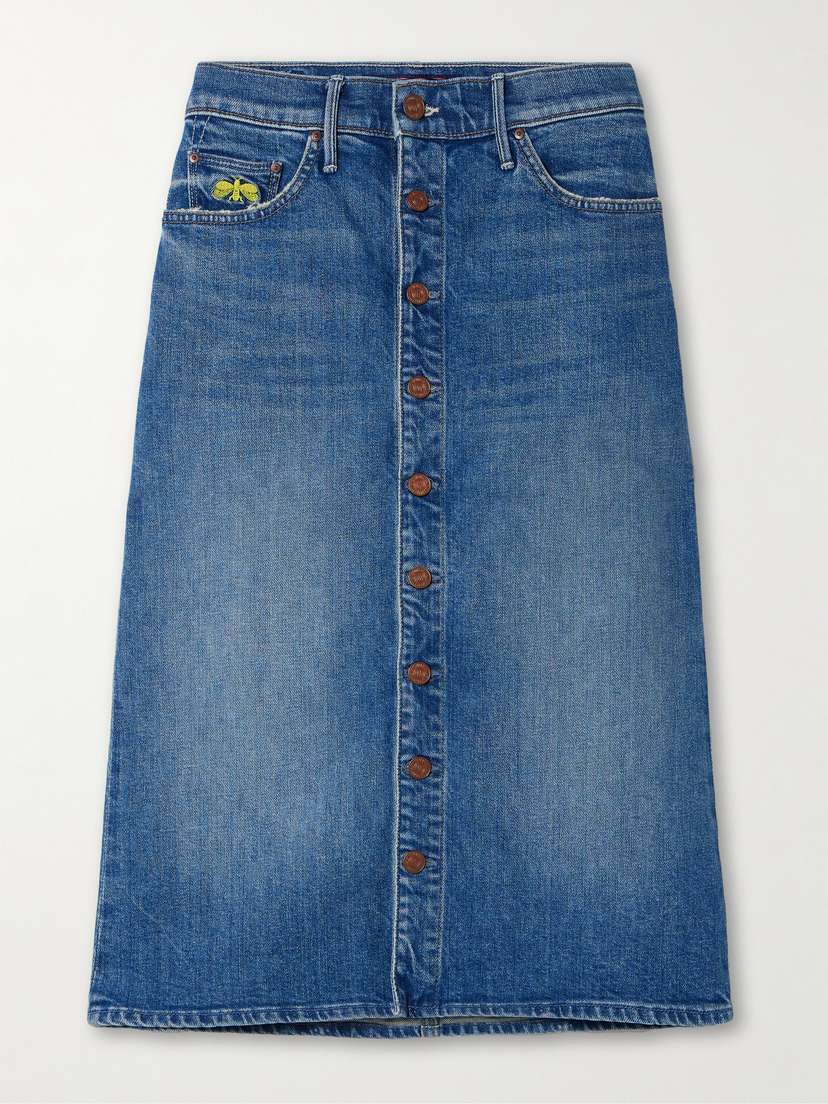 Mother + La Doublej The Button Vagabond Embroidered Denim Midi Skirt