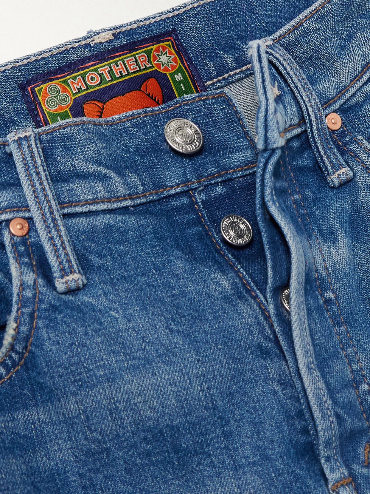 Shop Mother + La Doublej The Tomcat Roller Printed High-rise Flared Jeans In Blue
