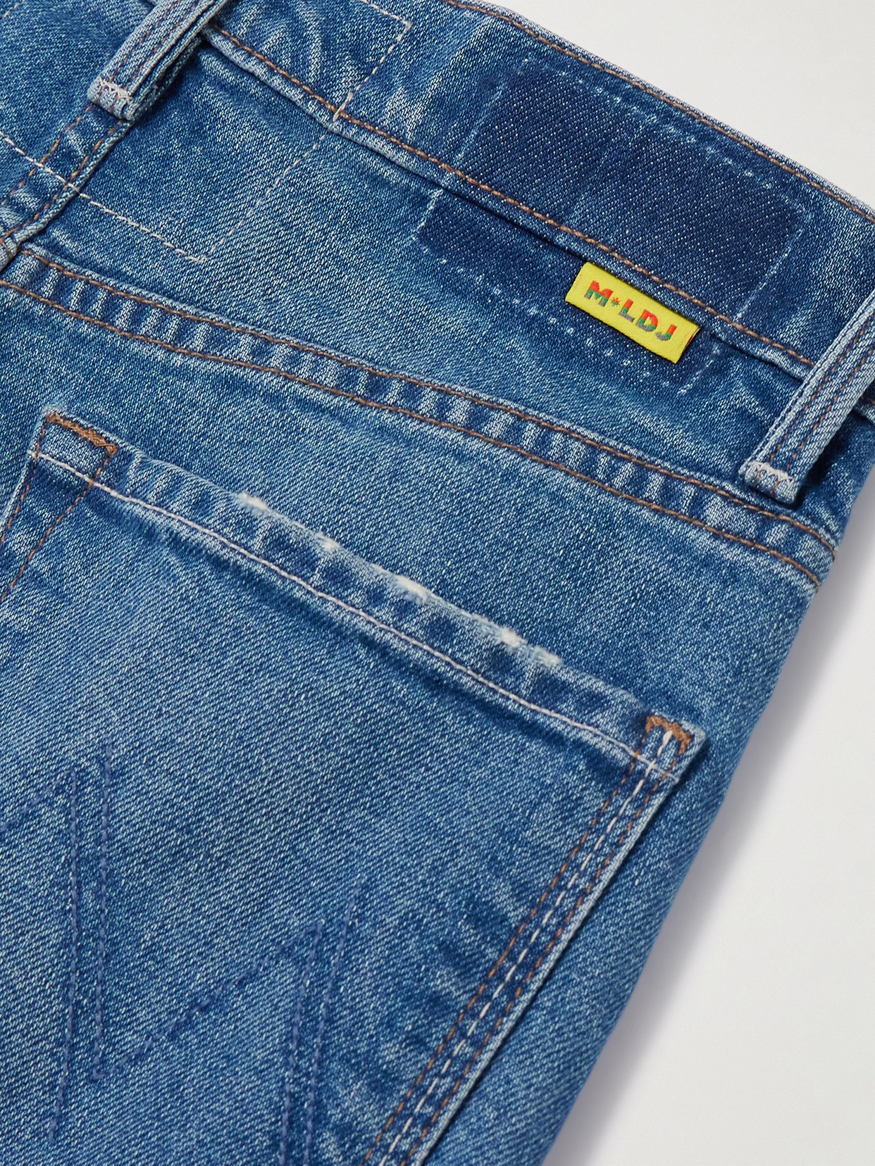 Shop Mother + La Doublej The Tomcat Roller Printed High-rise Flared Jeans In Blue