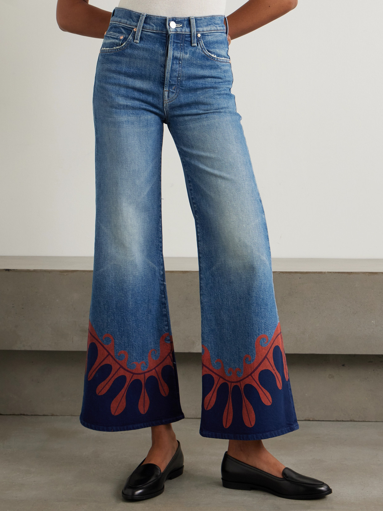 MOTHER + LA DOUBLEJ THE TOMCAT ROLLER PRINTED HIGH-RISE FLARED JEANS