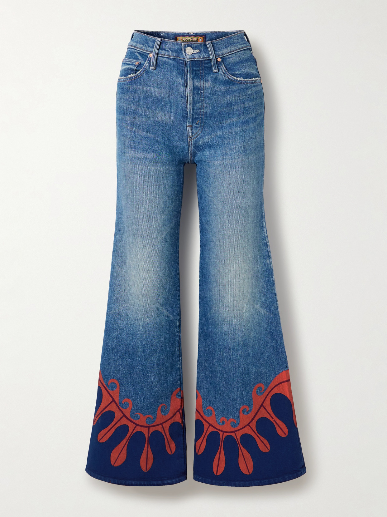 MOTHER + LA DOUBLEJ THE TOMCAT ROLLER PRINTED HIGH-RISE FLARED JEANS