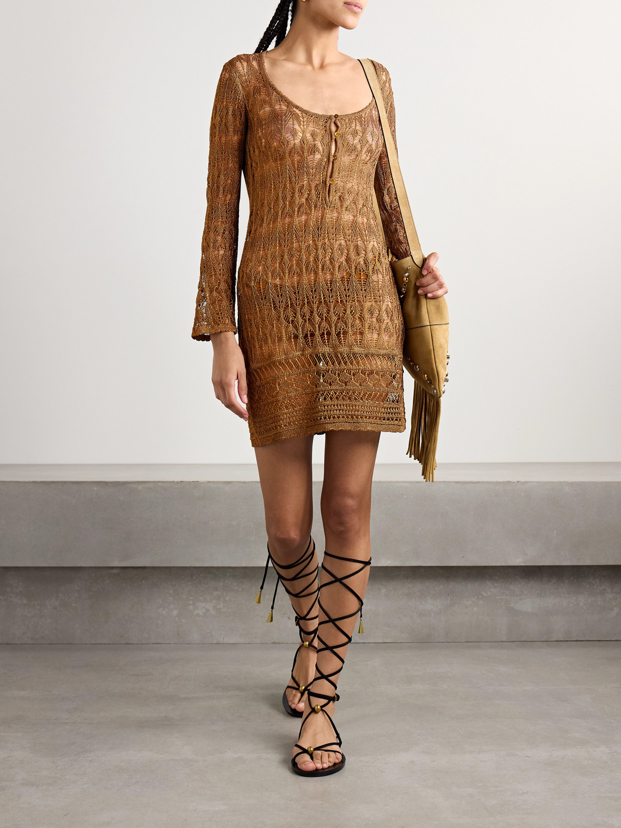 ISABEL MARANT PIA METALLIC CROCHETED MINI DRESS 