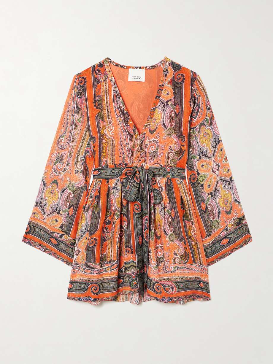 morgane belted eyelet-embellished paisley-print silk-chiffon mini dress
