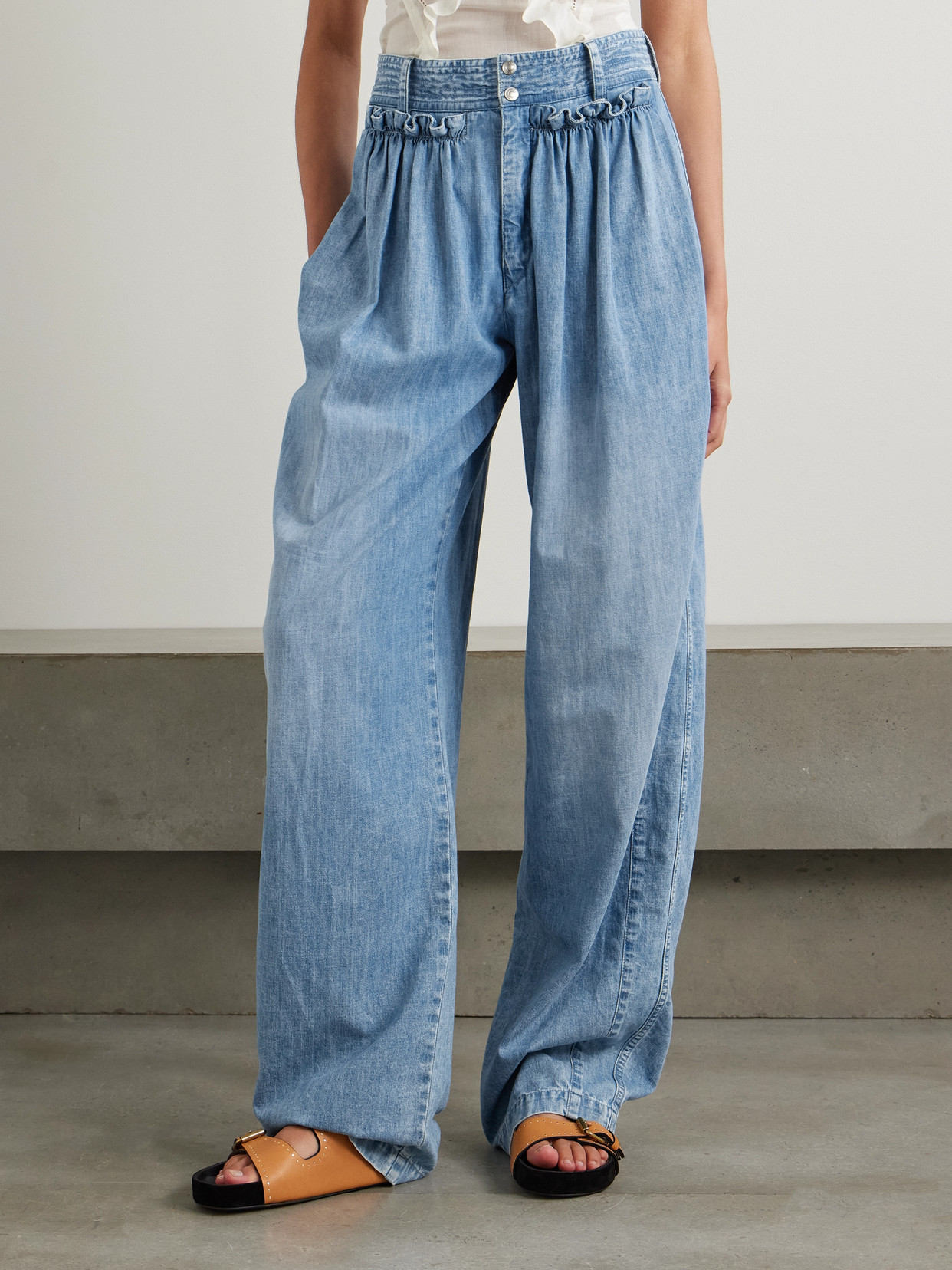 Isabel Marant Inaya Ruffled Cotton-chambray Barrel-leg Pants In Blue