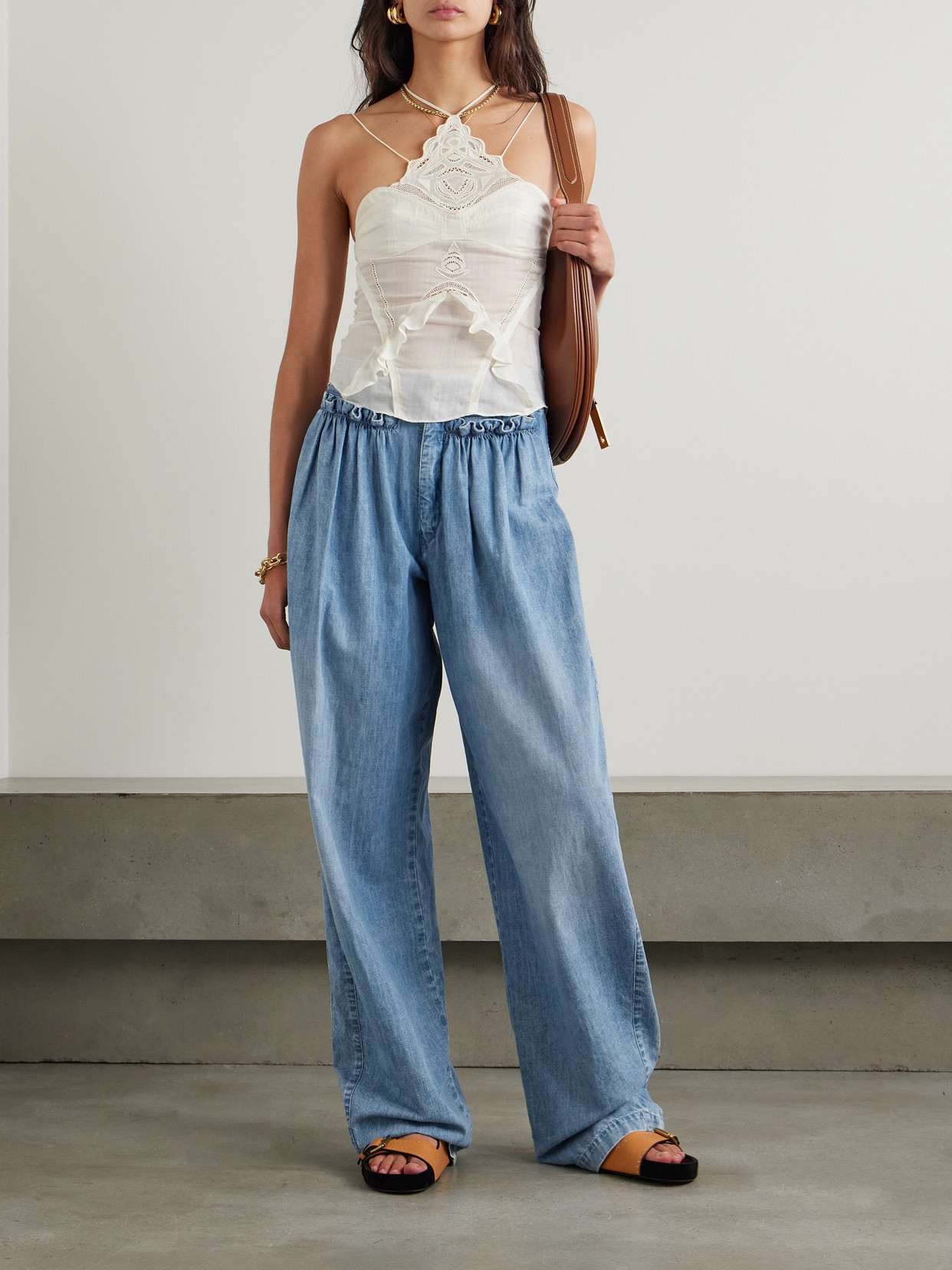 Isabel Marant Inaya Ruffled Cotton-chambray Barrel-leg Pants In Blue