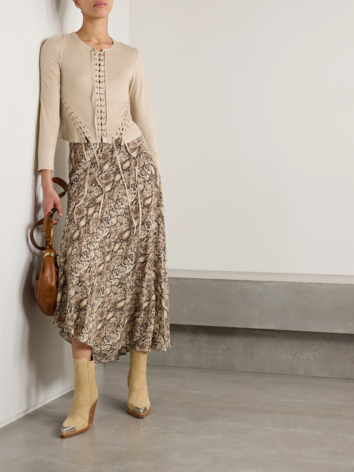 ISABEL MARANT SEATLE CROPPED LACE-UP BRUSHED STRETCH-JERSEY TOP
