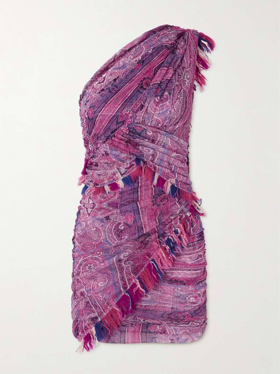 one-shoulder frayed printed gauze mini dress