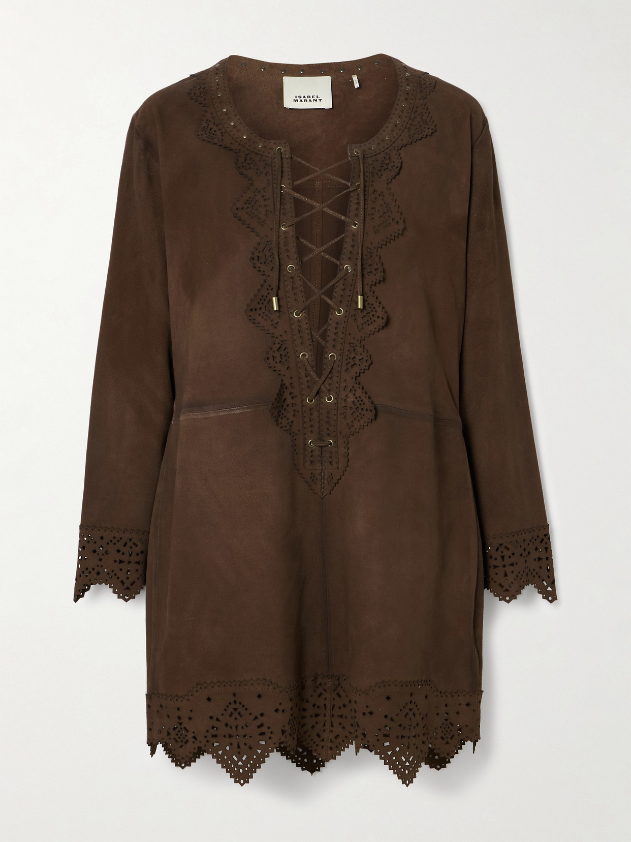 ISABEL MARANT CHARLINA LACE-UP SCALLOPED PERFORATED SUEDE MINI DRESS 