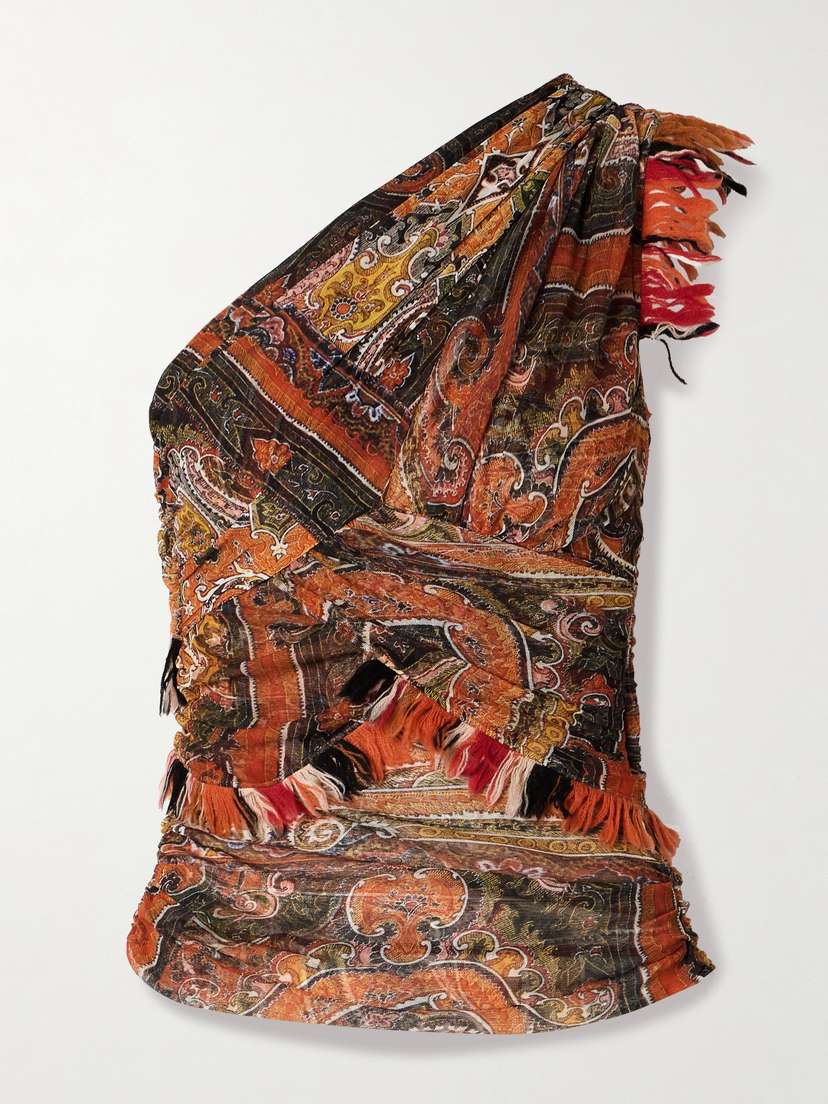 Isabel Marant Devona One-shoulder Fringed Wrap-effect Paisley-print Mesh Tank