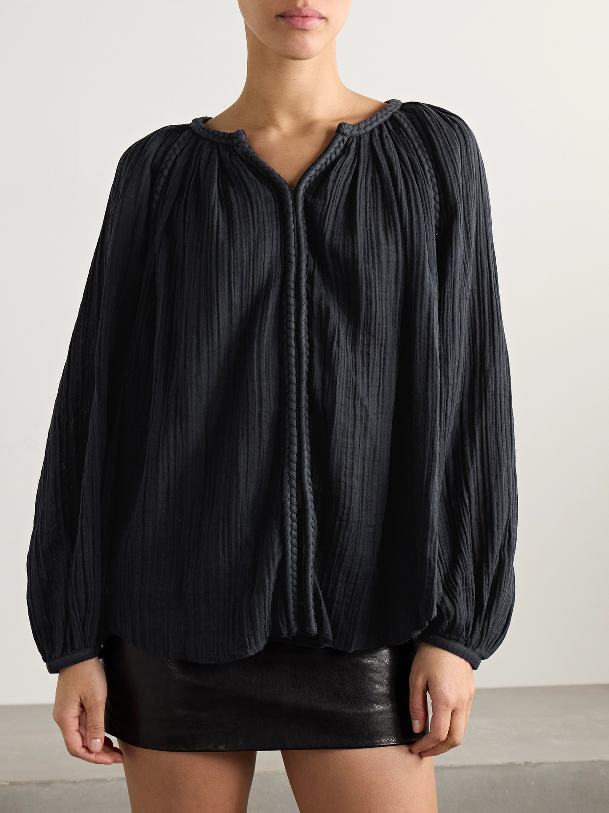 Shop Isabel Marant Jenna Gathered Organic Cotton-gauze Blouse In Black