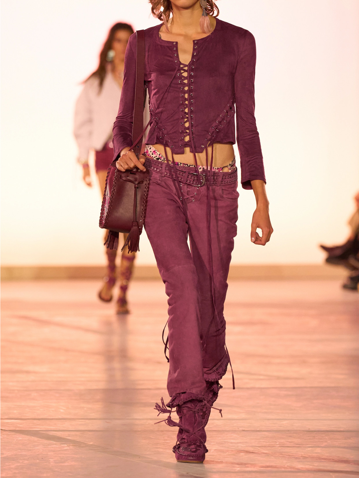 Isabel Marant Seatle Cropped Lace-up Brushed Stretch-jersey Top In Burgundy