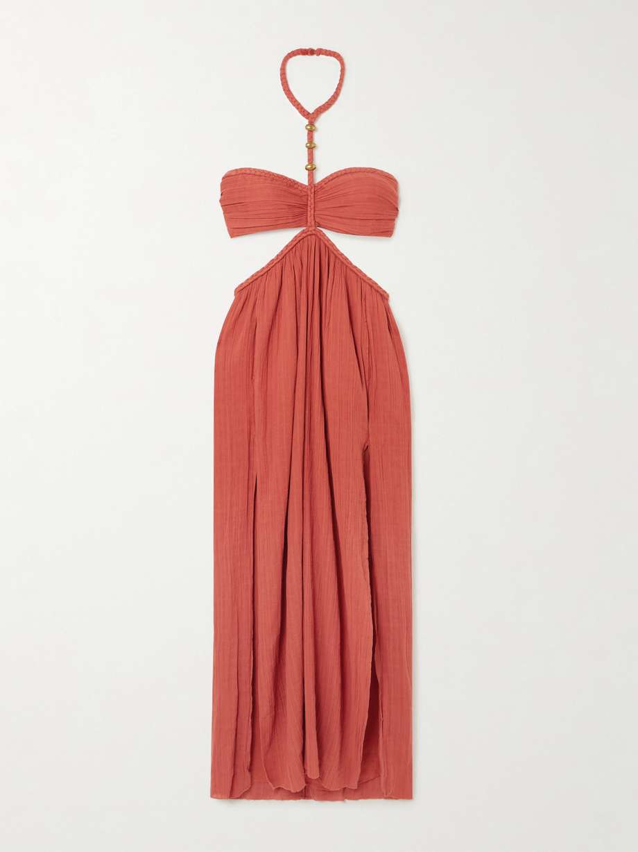 justine embellished cutout cotton-gauze halterneck maxi dress