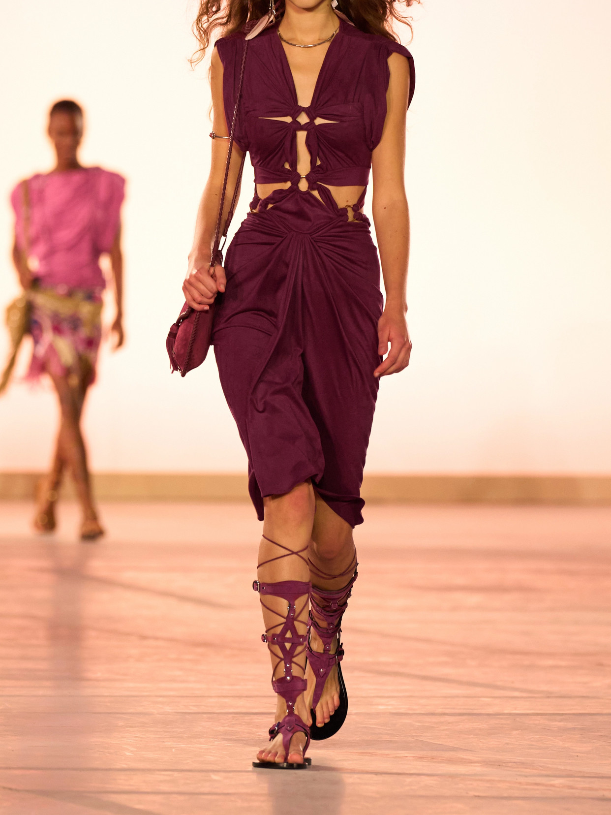 Shop Isabel Marant Sirena Knotted Cutout Brushed Stretch-jersey Midi Dress In Burgundy