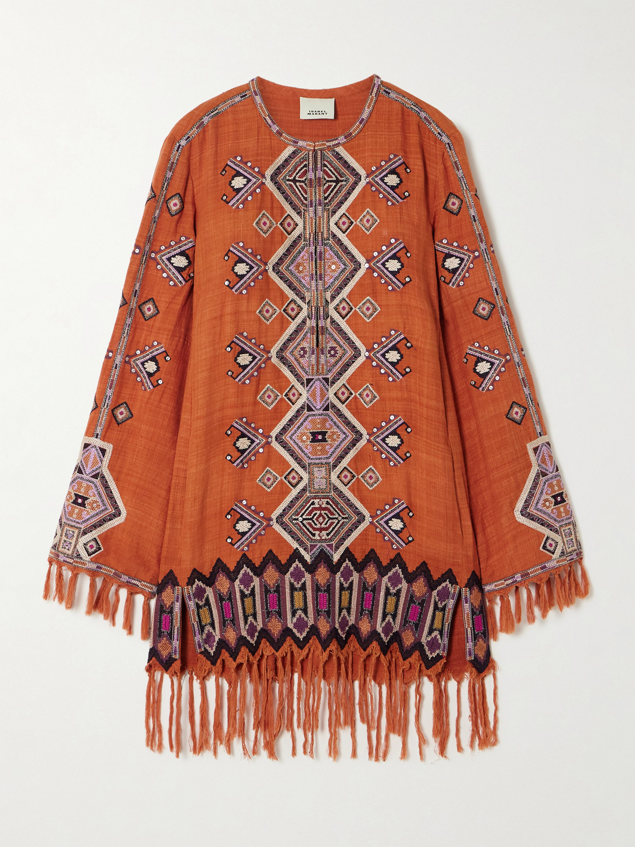 Isabel Marant Zayana Embellished Fringed Embroidered Silk-gauze Tunic In Orange