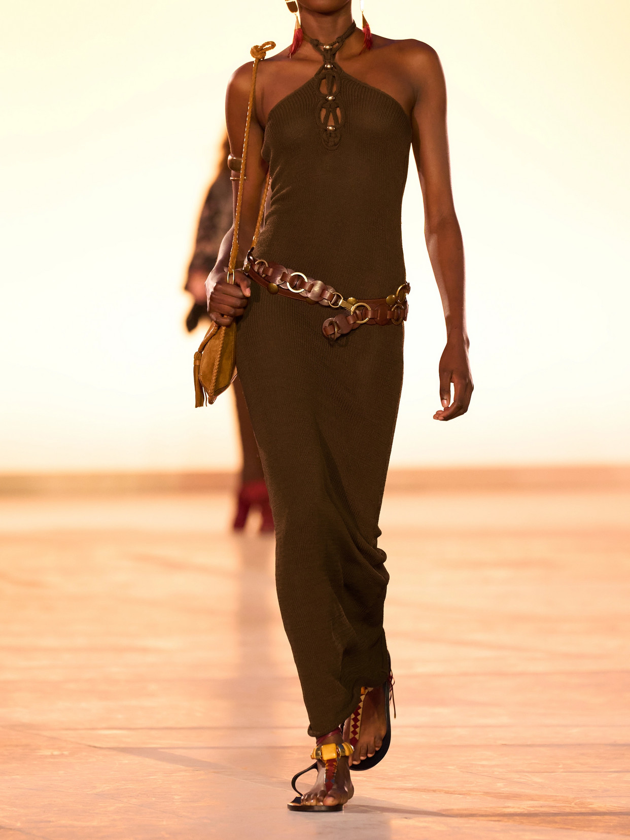Shop Isabel Marant Eileen Embellished Knitted Halterneck Maxi Dress In Brown
