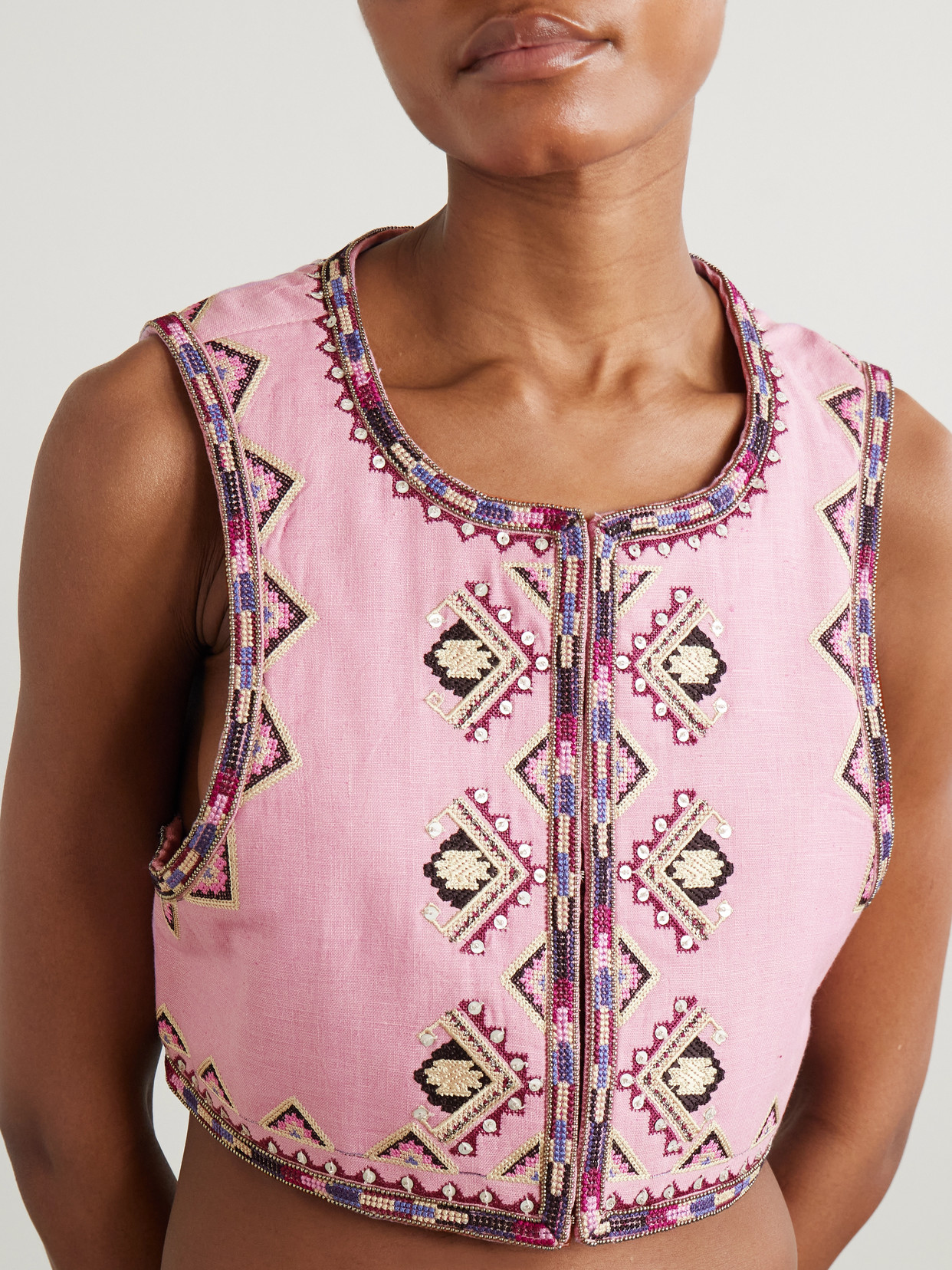 ISABEL MARANT ZAORI CROPPED EMBELLISHED EMBROIDERED SILK-GAUZE VEST