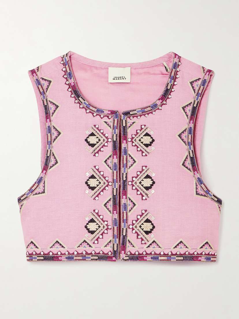 Isabel Marant Zaori Cropped Embellished Embroidered Silk-gauze Vest