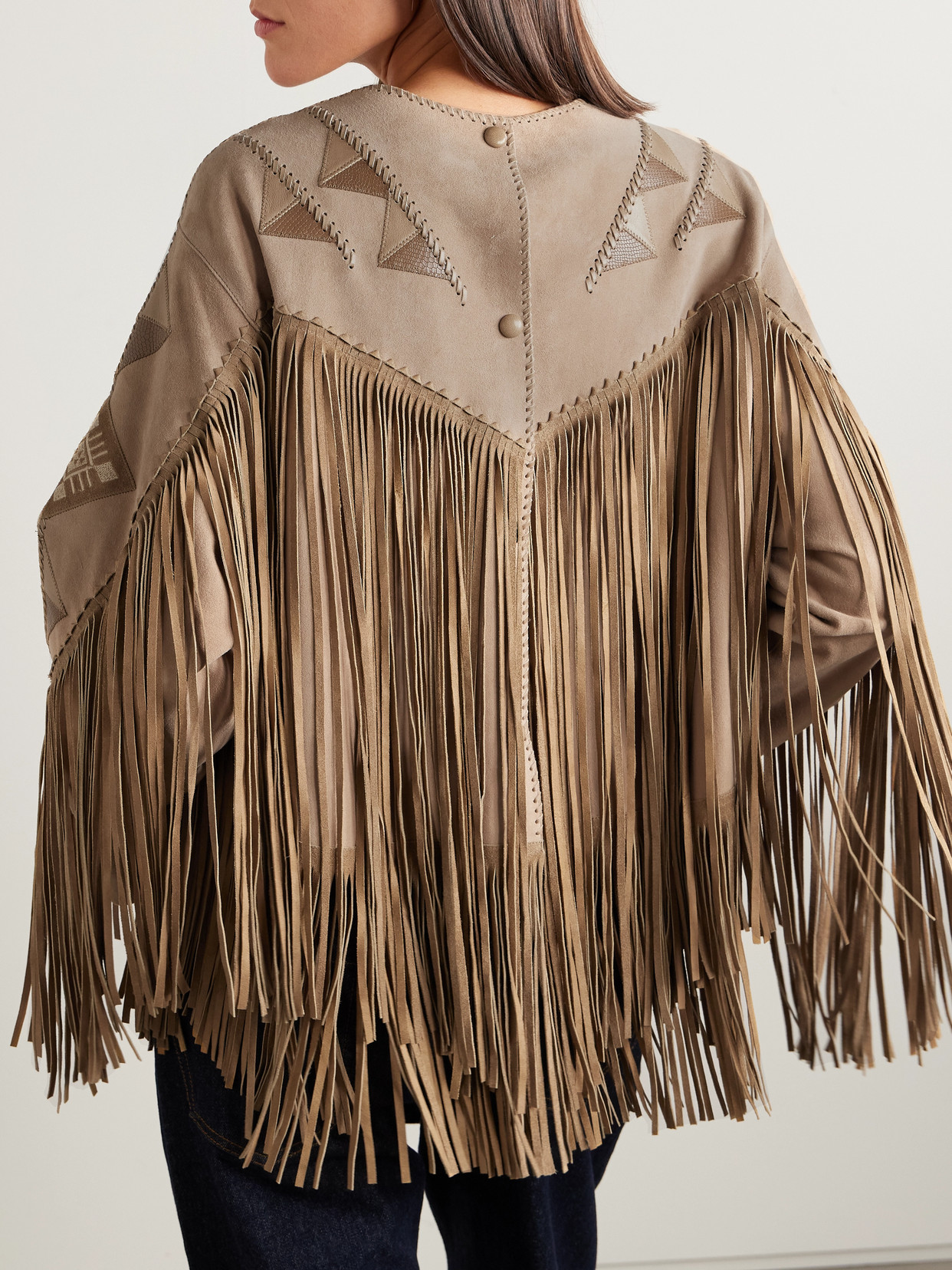 ISABEL MARANT DOLCI FRINGED LEATHER-TRIMMED EMBROIDERED SUEDE TOP 