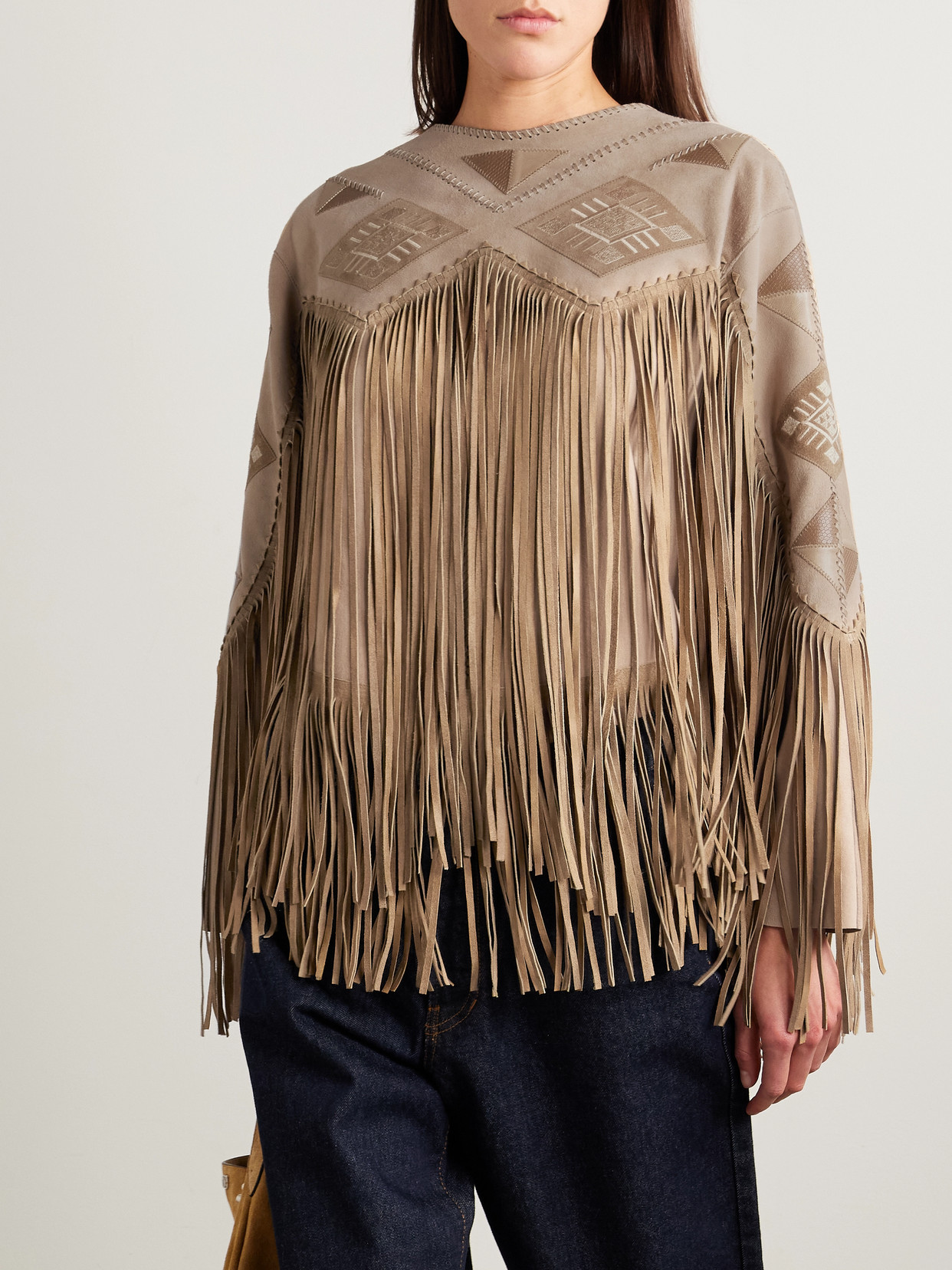 ISABEL MARANT DOLCI FRINGED LEATHER-TRIMMED EMBROIDERED SUEDE TOP 