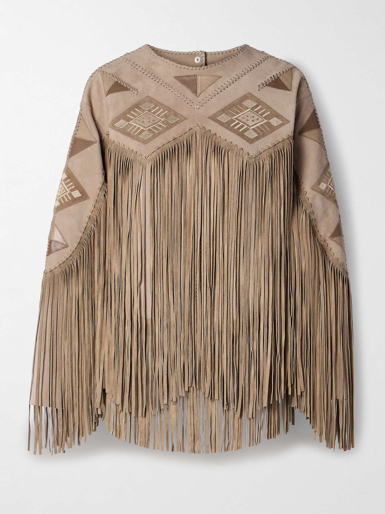 ISABEL MARANT DOLCI FRINGED LEATHER-TRIMMED EMBROIDERED SUEDE TOP 