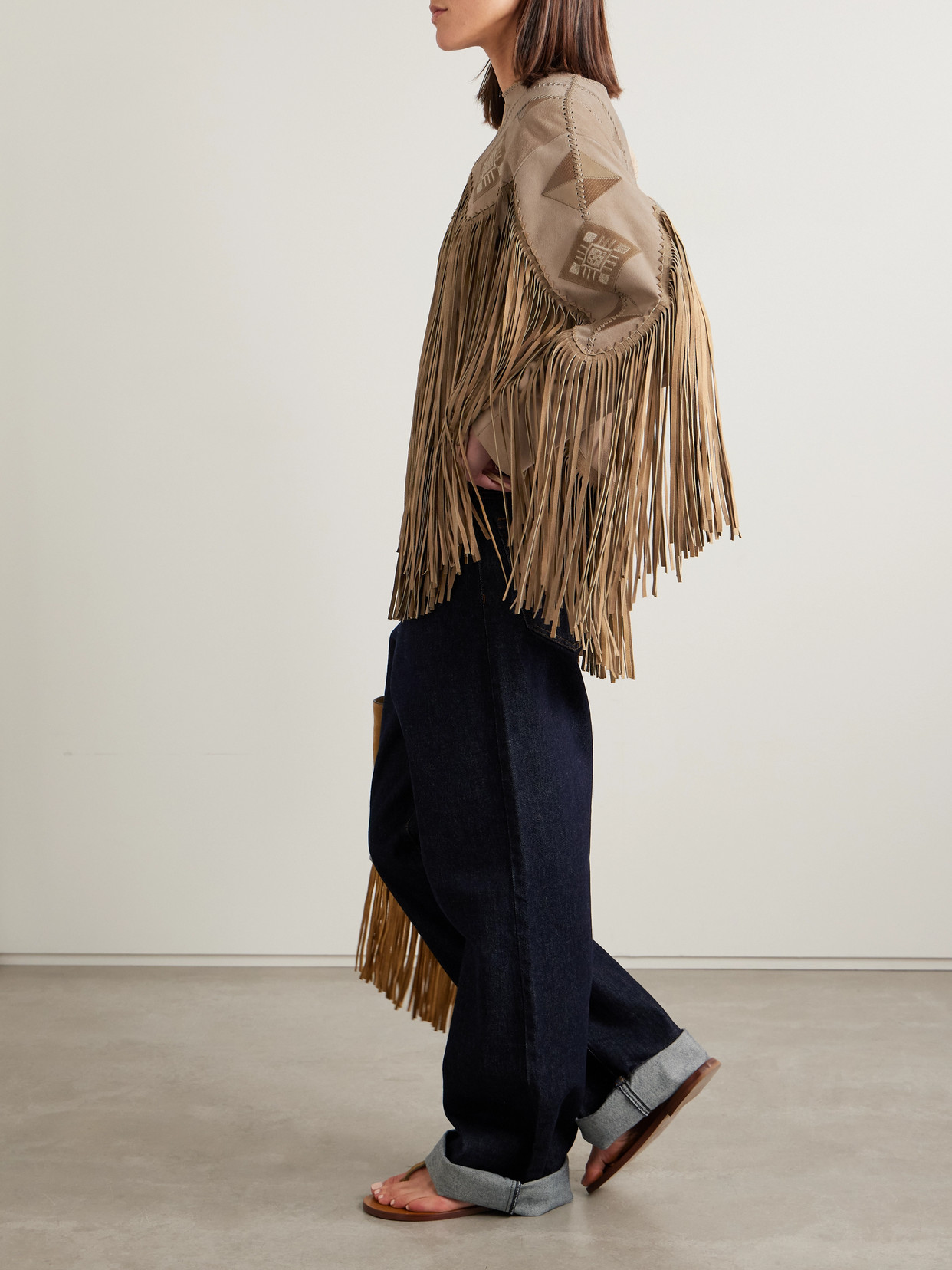 ISABEL MARANT DOLCI FRINGED LEATHER-TRIMMED EMBROIDERED SUEDE TOP 
