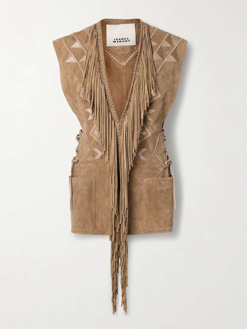 Isabel Marant Dalila Fringed Appliquéd Whipstitched Embroidered Suede Vest