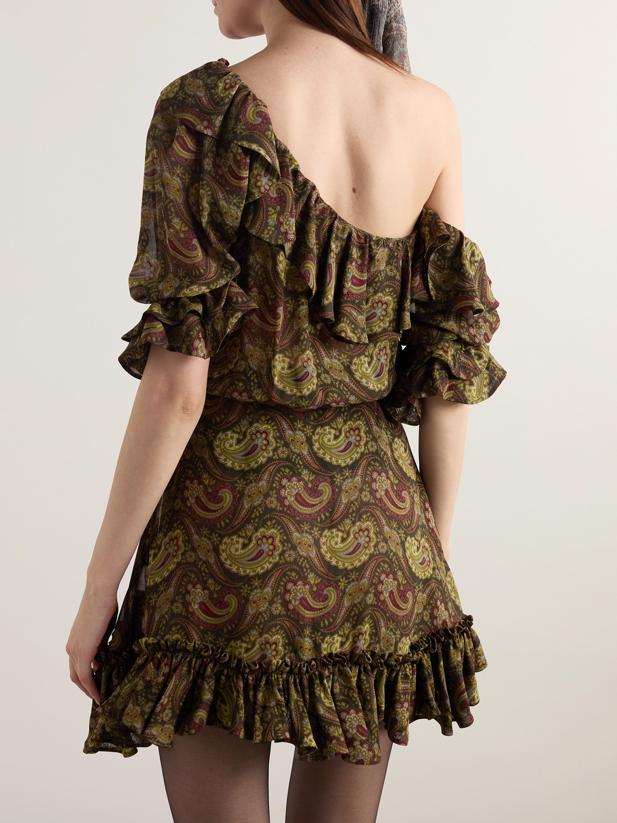 Saint Laurent Paisley Off-the-shoulder Mini Ruffled Dress In Brown