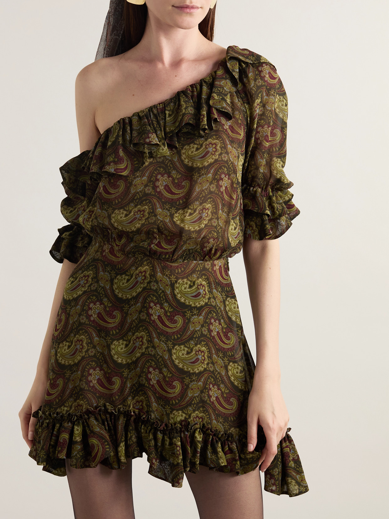 Saint Laurent Paisley Off-the-shoulder Mini Ruffled Dress In Brown