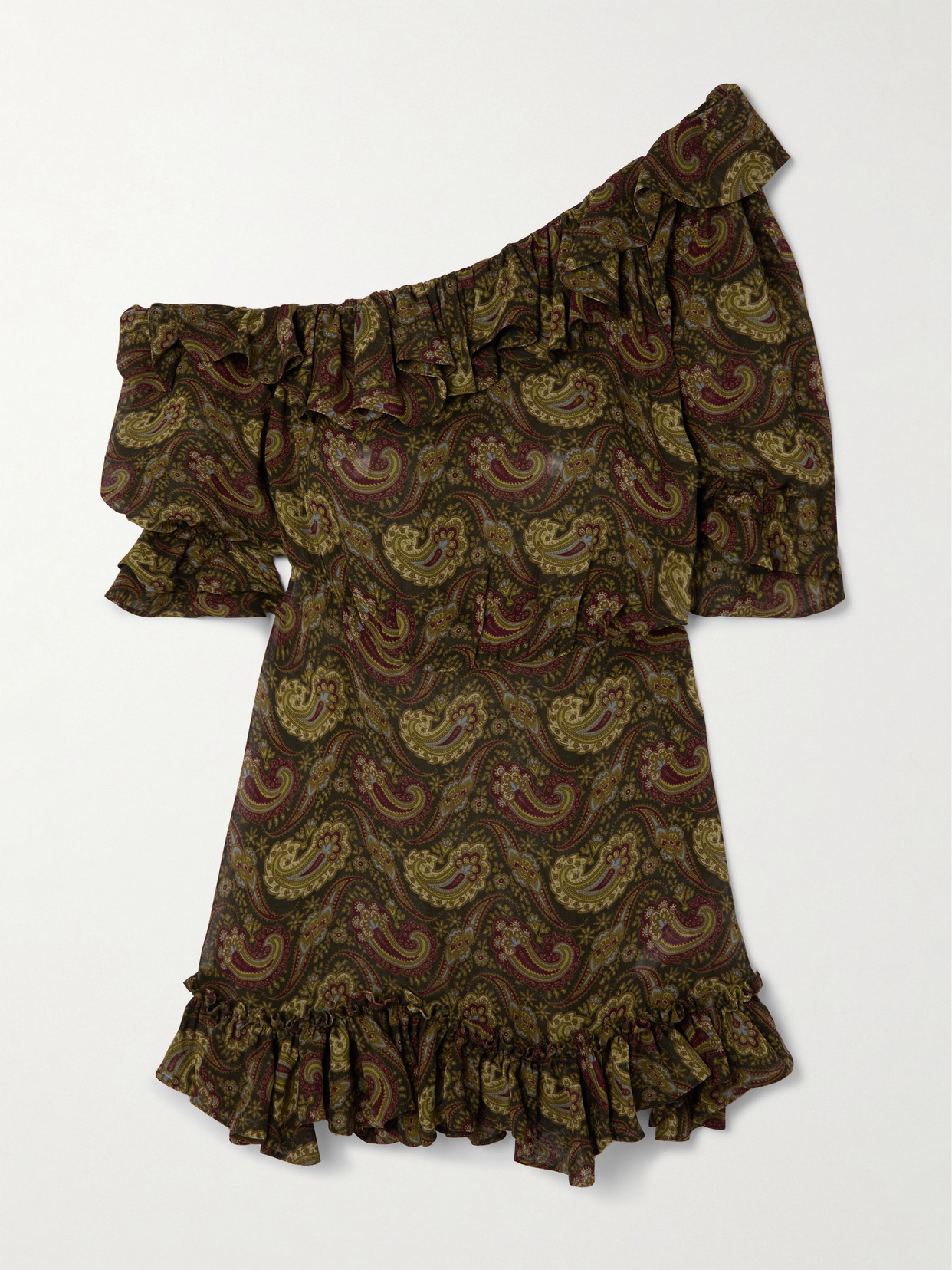 Saint Laurent Paisley Off-the-shoulder Mini Ruffled Dress In Brown