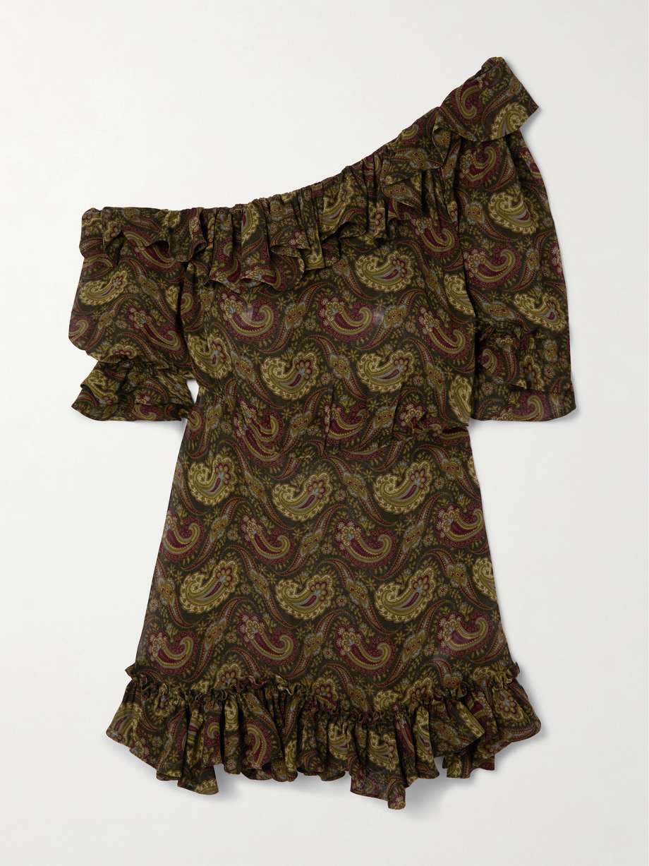 one-shoulder ruffled paisley-print georgette mini dress