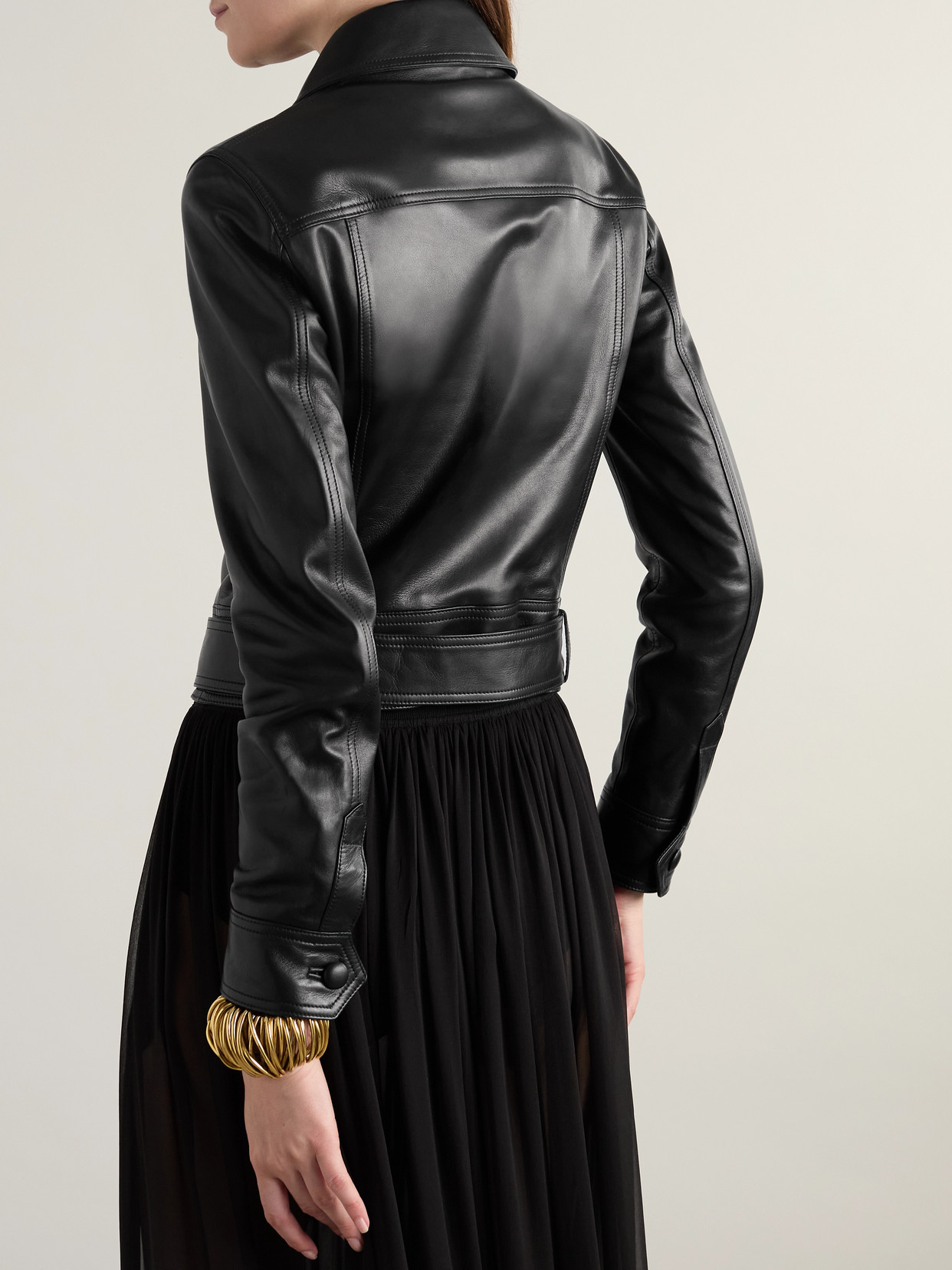 Saint Laurent Belted Leather Biker Jacket In Black