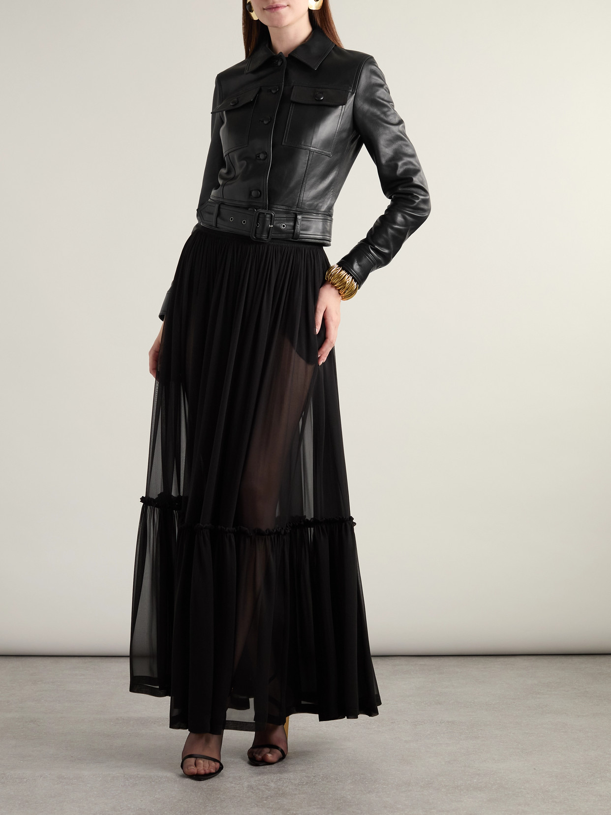 Saint Laurent Belted Leather Biker Jacket In Black