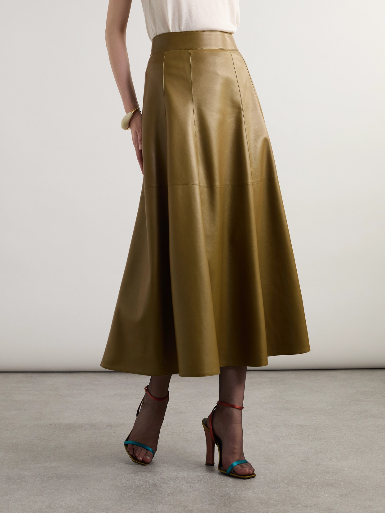 Saint Laurent Paneled Pleated Leather Midi Skirt In Green