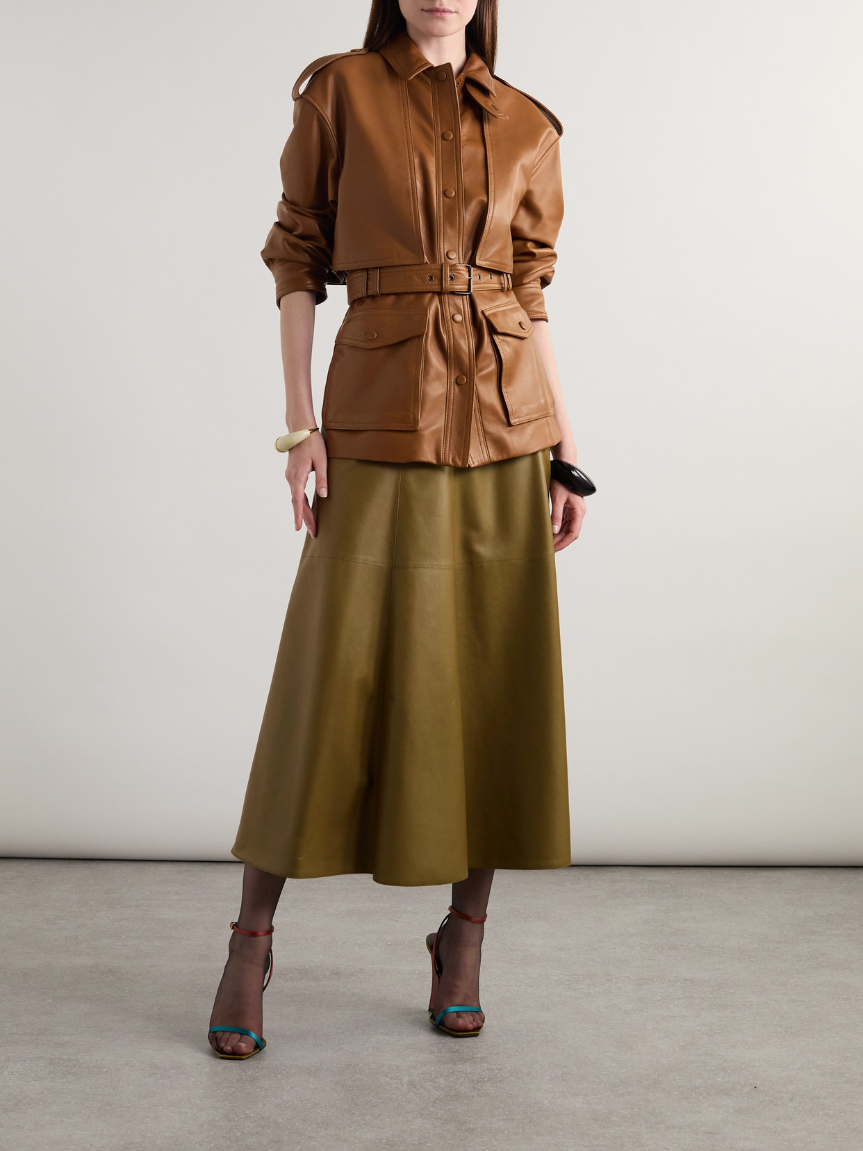 Saint Laurent Paneled Pleated Leather Midi Skirt In Green