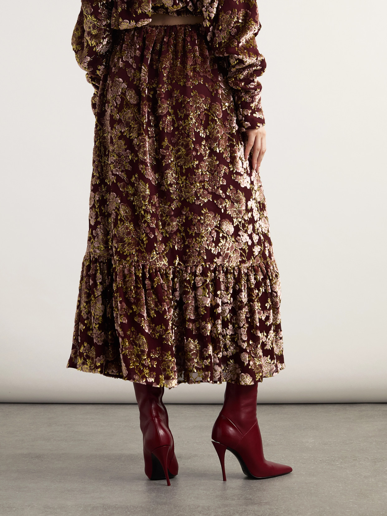 Saint Laurent Tiered Metallic Devoré-velvet Maxi Skirt In Burgundy
