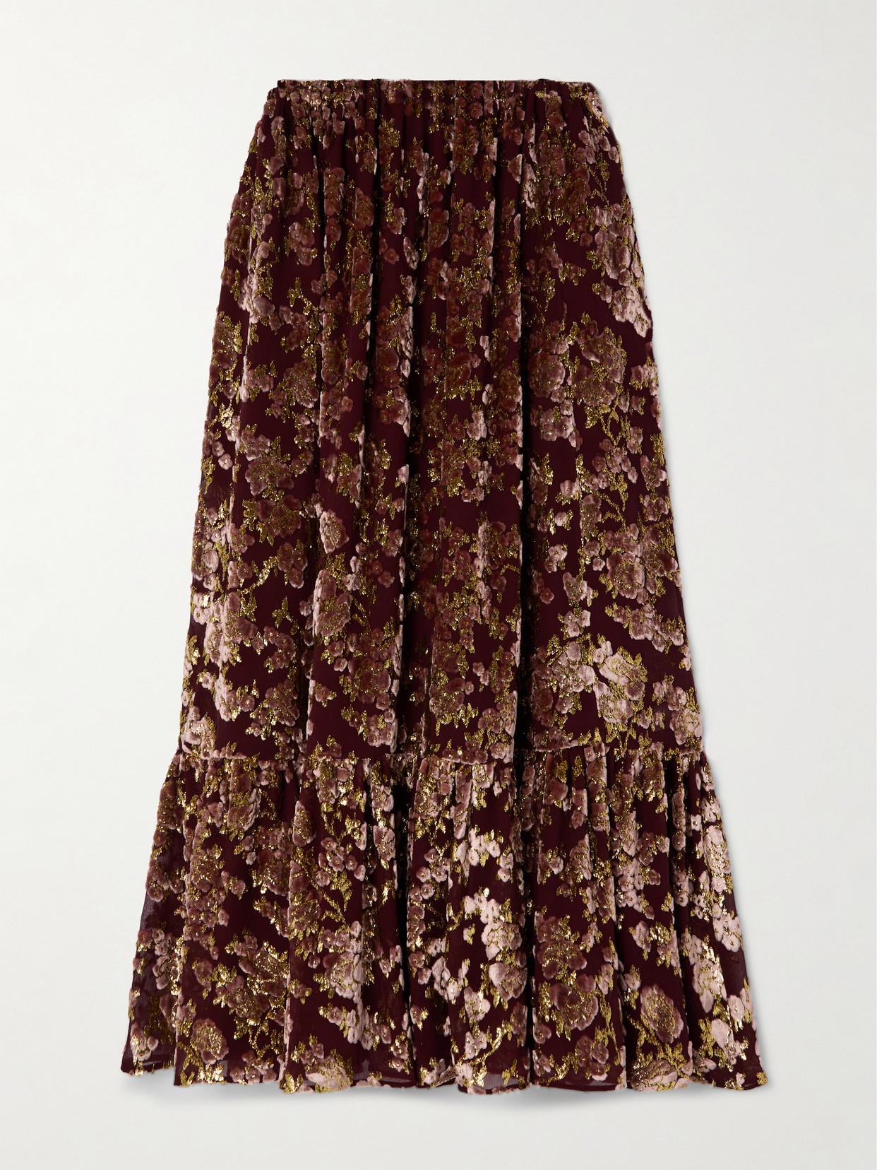 Saint Laurent Tiered Metallic Devoré-velvet Maxi Skirt In Burgundy