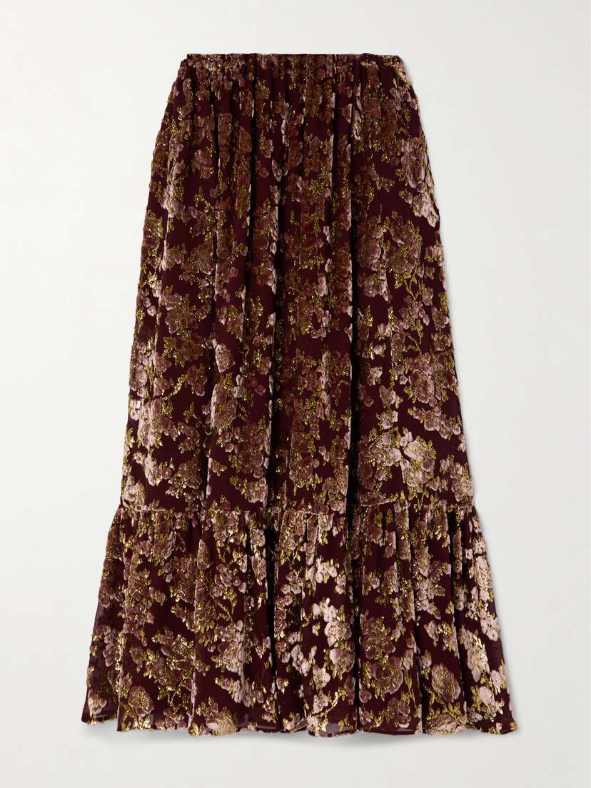 Saint Laurent Tiered Metallic Devoré-velvet Maxi Skirt