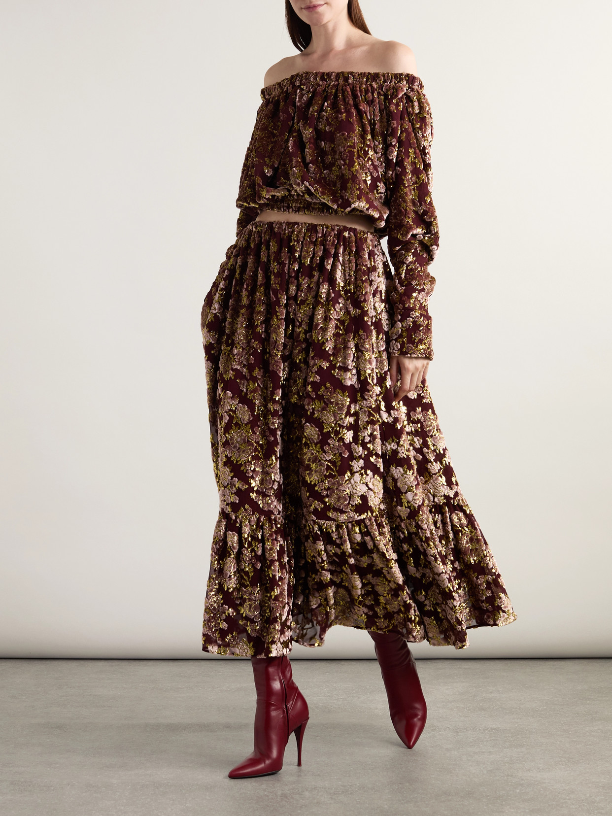 Saint Laurent Tiered Metallic Devoré-velvet Maxi Skirt In Burgundy