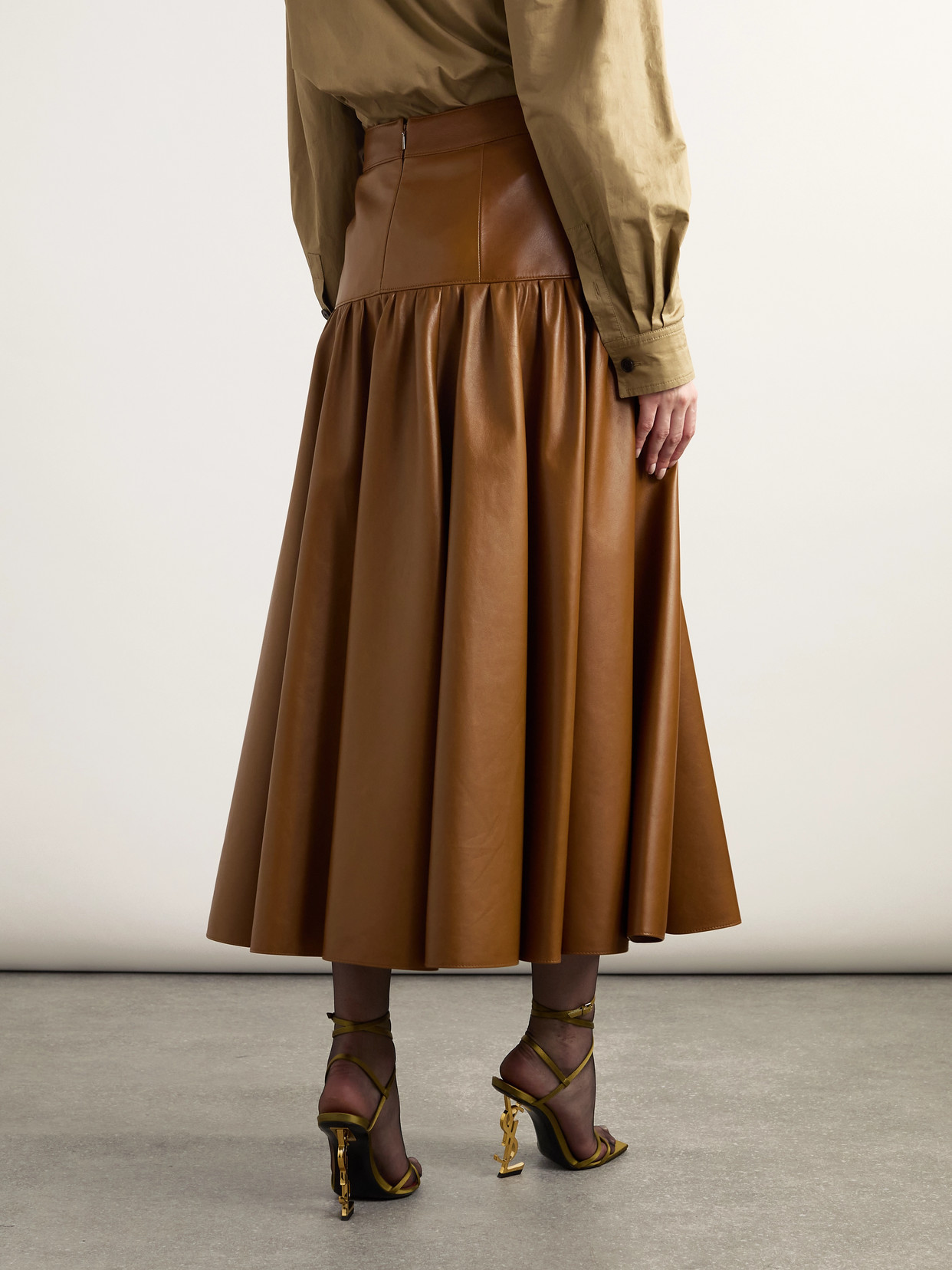 Saint Laurent Lambskin Midi Skirt Gathered Detailing In Brown
