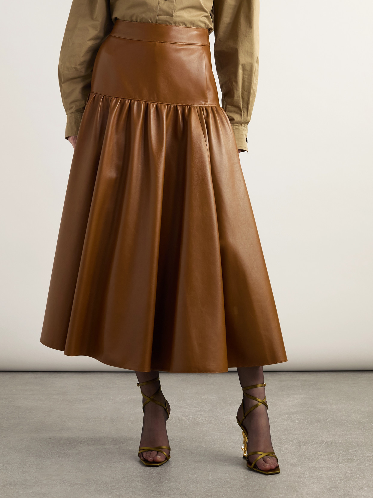 Saint Laurent Lambskin Midi Skirt Gathered Detailing In Brown