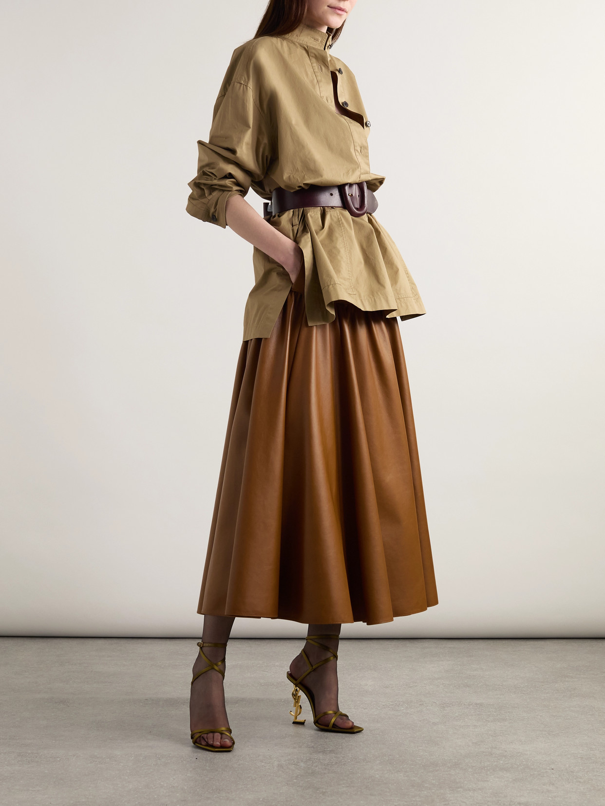 Saint Laurent Lambskin Midi Skirt Gathered Detailing In Brown