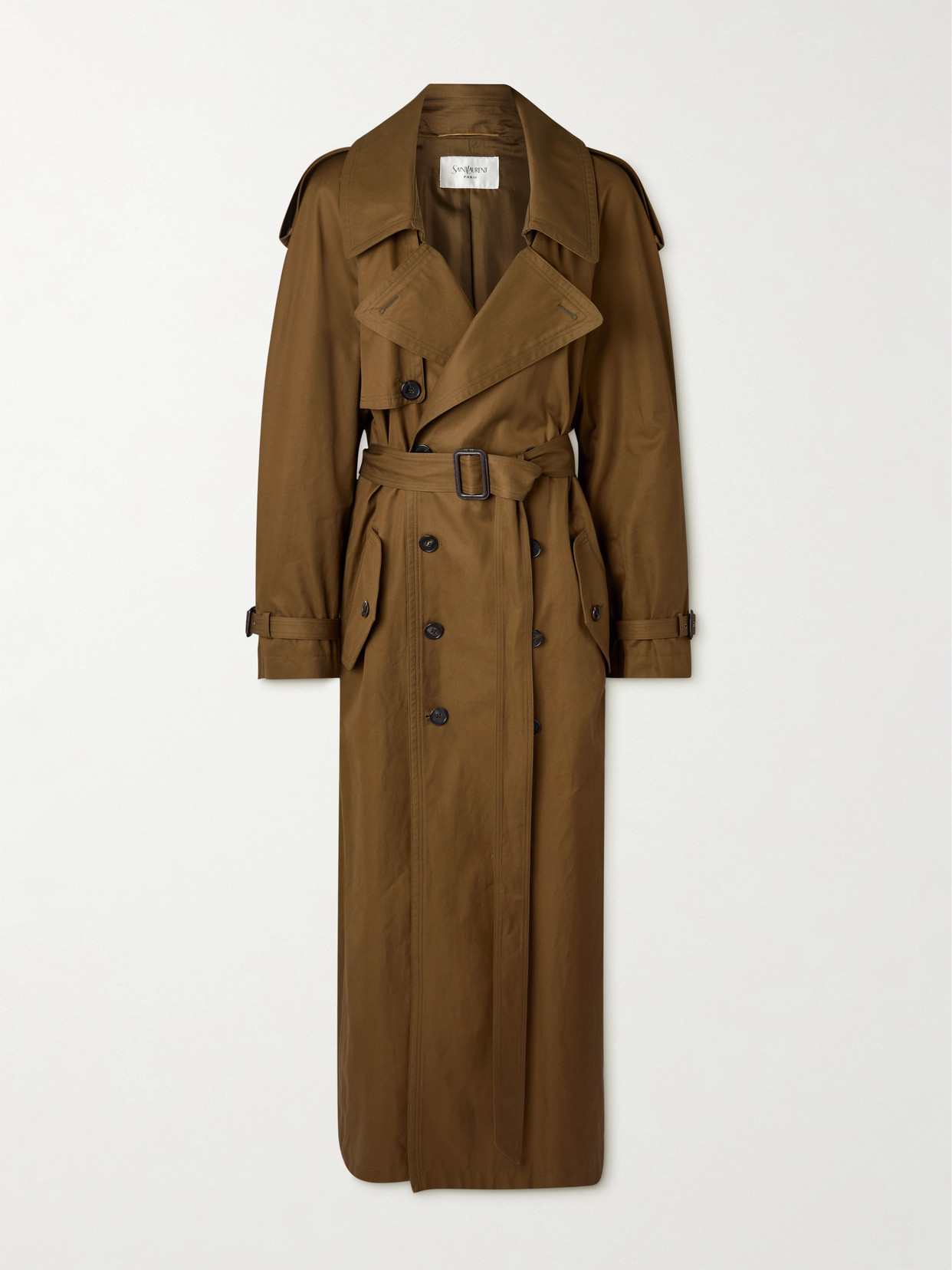 Saint Laurent Double-breasted Long Trench Coat In Brown
