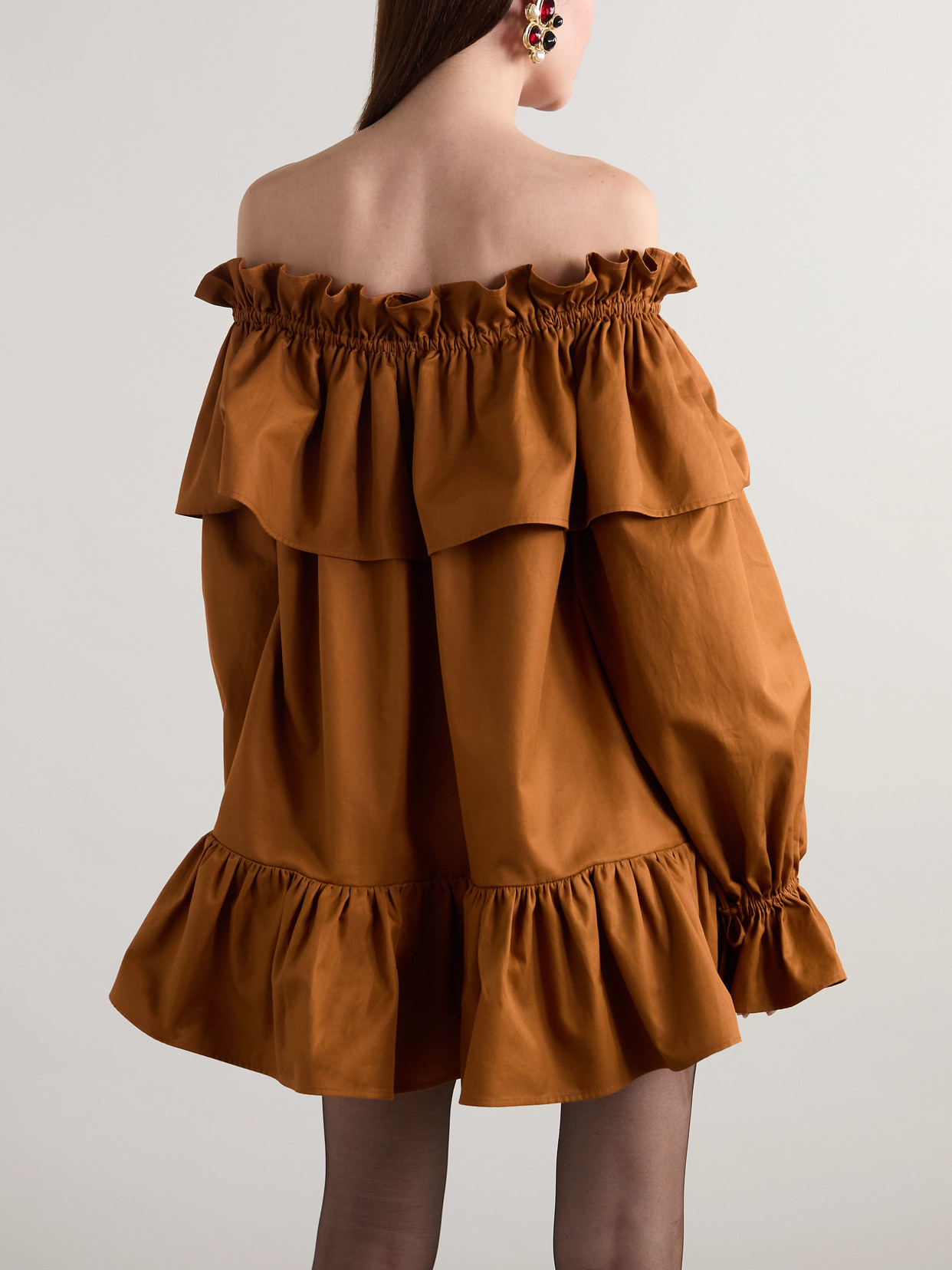 Saint Laurent Brown Ruffle Dress With Bare Shoulders In Cotton Twill Woman In Red
