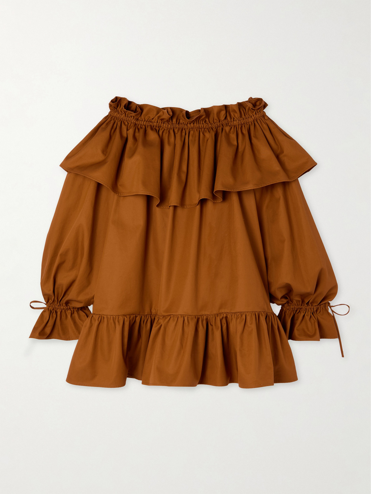 Saint Laurent Brown Ruffle Dress With Bare Shoulders In Cotton Twill Woman In Red