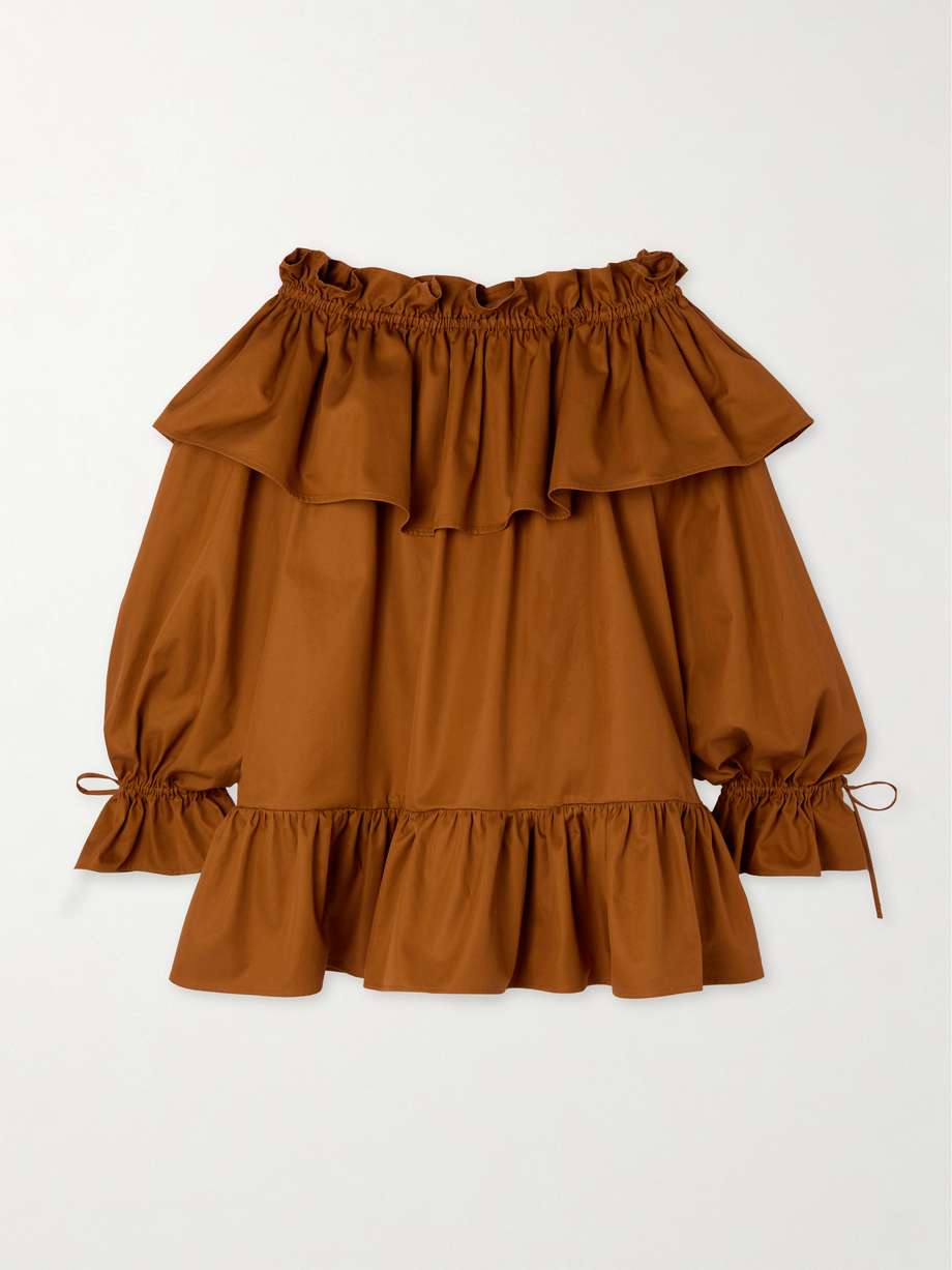 off-the-shoulder ruffled cotton-twill mini dress