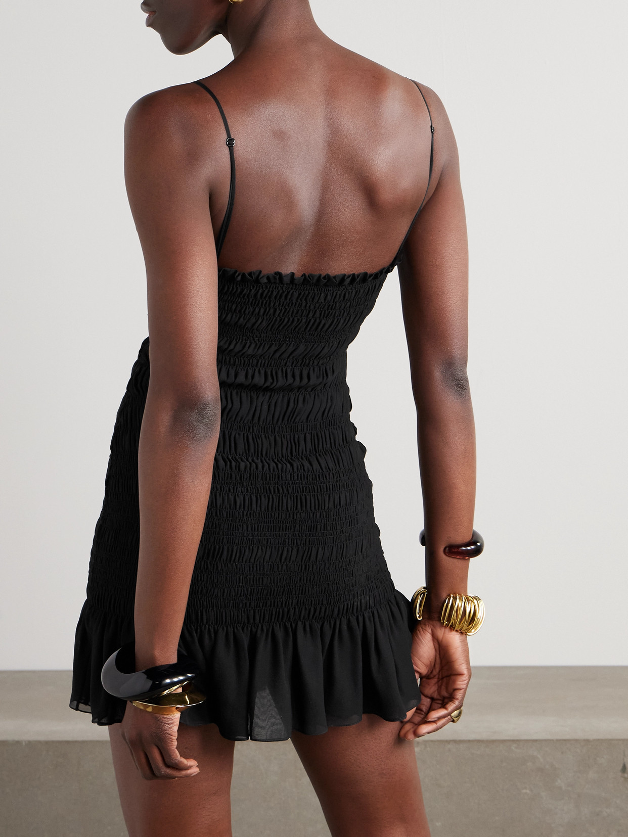 Saint Laurent Silk Smocked Mini Dress In Black